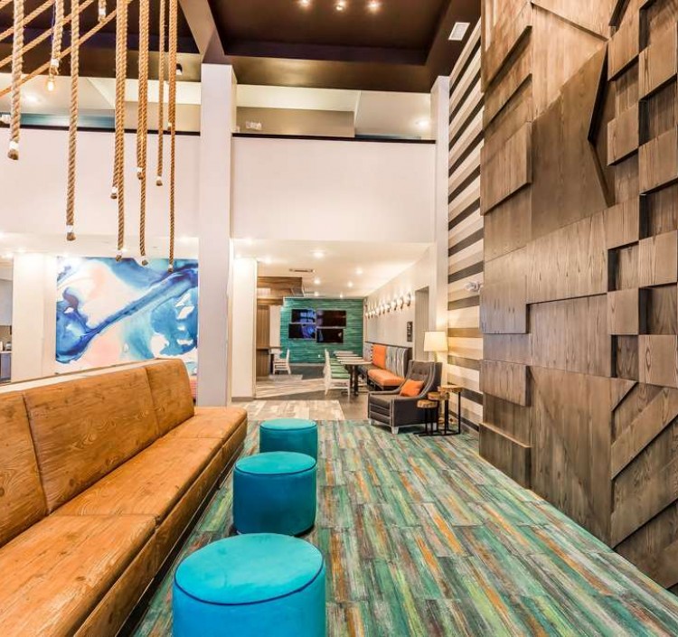 Hotel lobby with nautical decor and seating