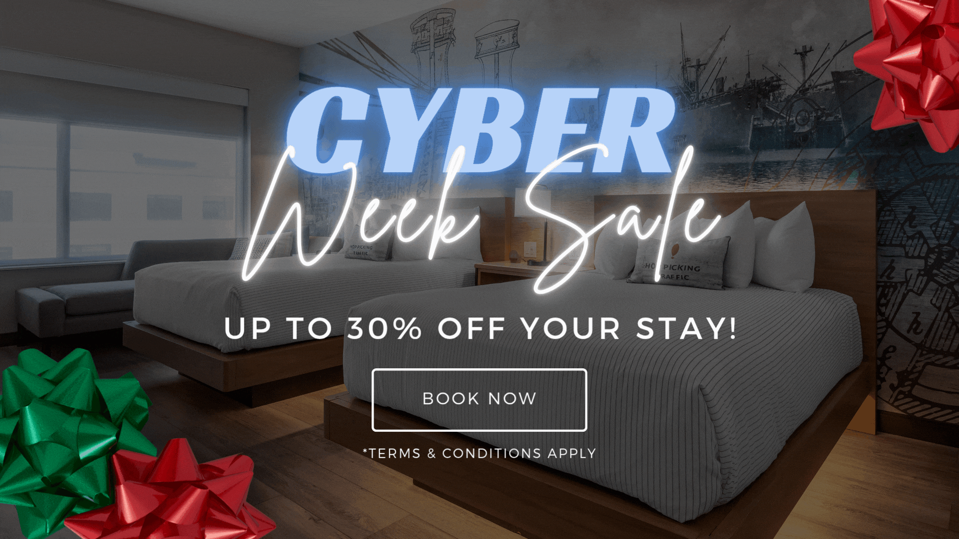 a room with a bed and a bag of presents