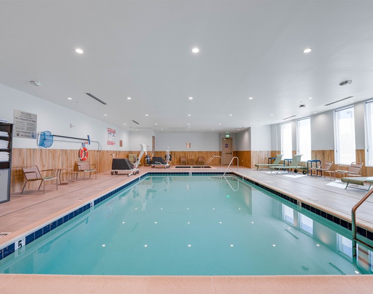 a swimming pool inside a building