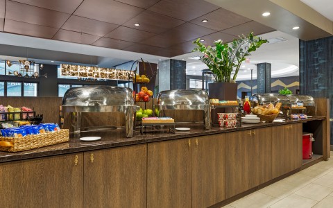 a buffet with food on it