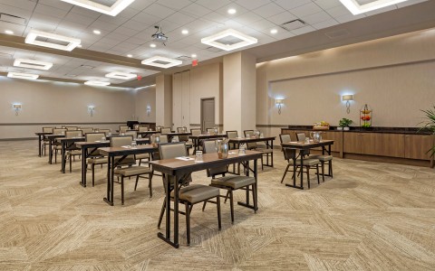 a room with tables and chairs