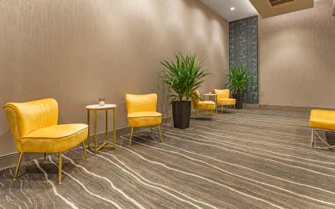 a room with yellow chairs and a table and plants