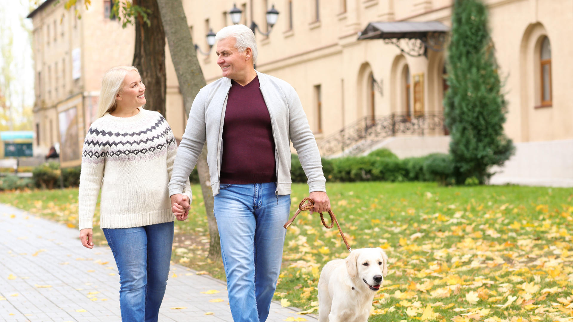 a man and woman holding hands and walking a dog