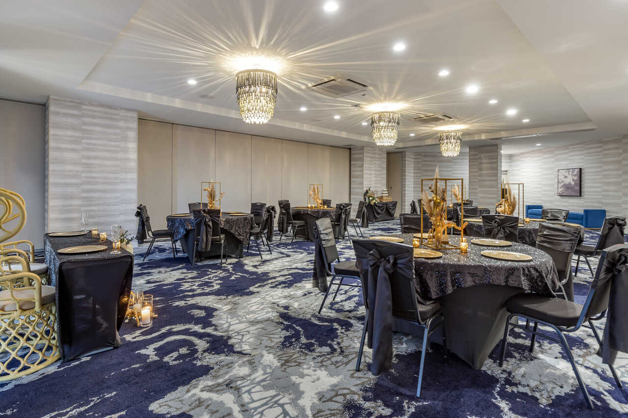 a room with tables and chairs