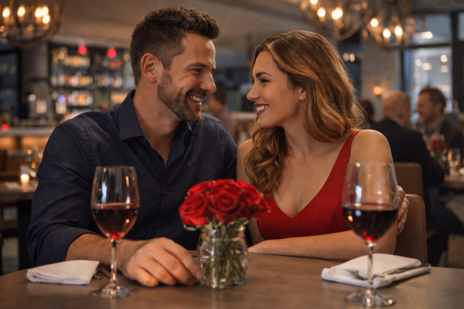 a man and woman sitting at a table with wine glasses and flowers