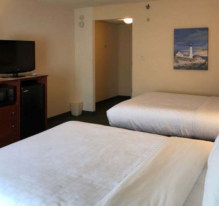 two queen beds and tv in guest room