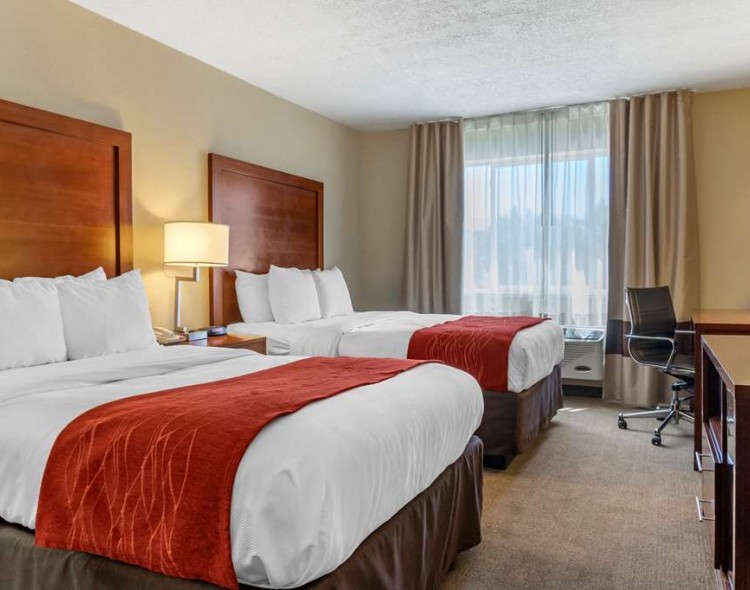Guest room with double beds and red throw blankets