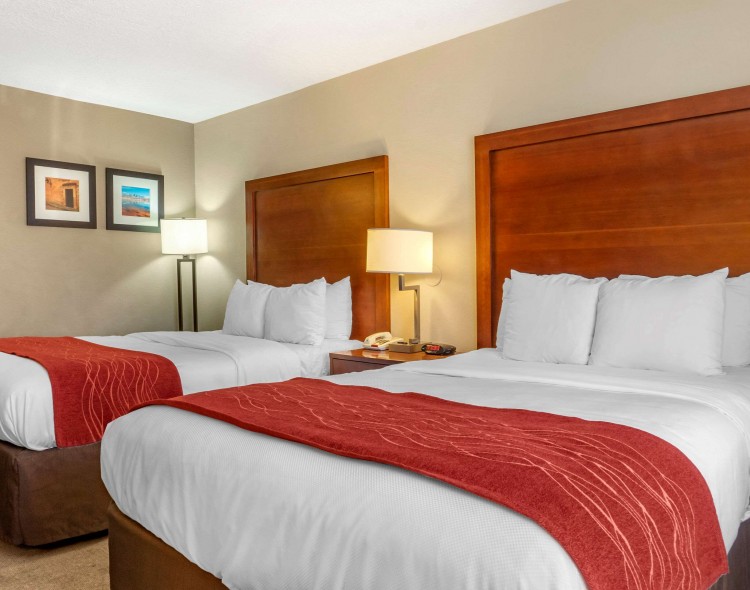 Guest room with double beds and red throw blankets