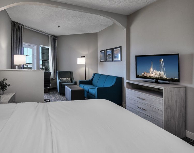 corner view of a suite of the hotel with comfy sofa