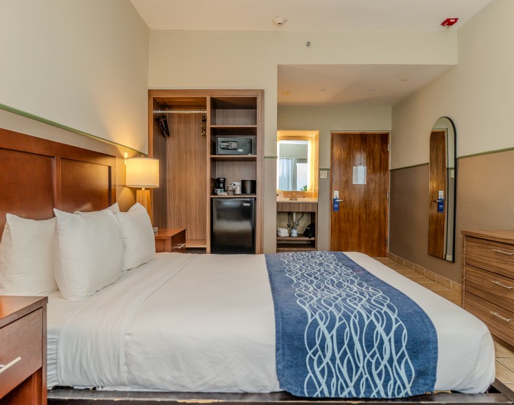 a hotel room with a bed and a closet