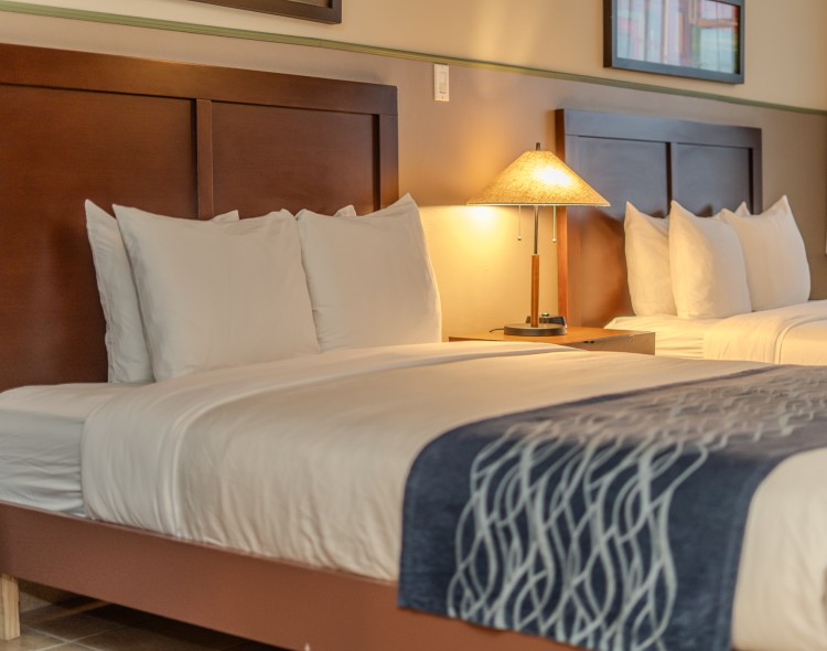 a bed with white pillows and a lamp