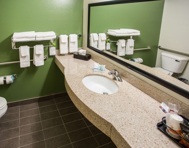 Bathroom in guest room with long sink and green walls