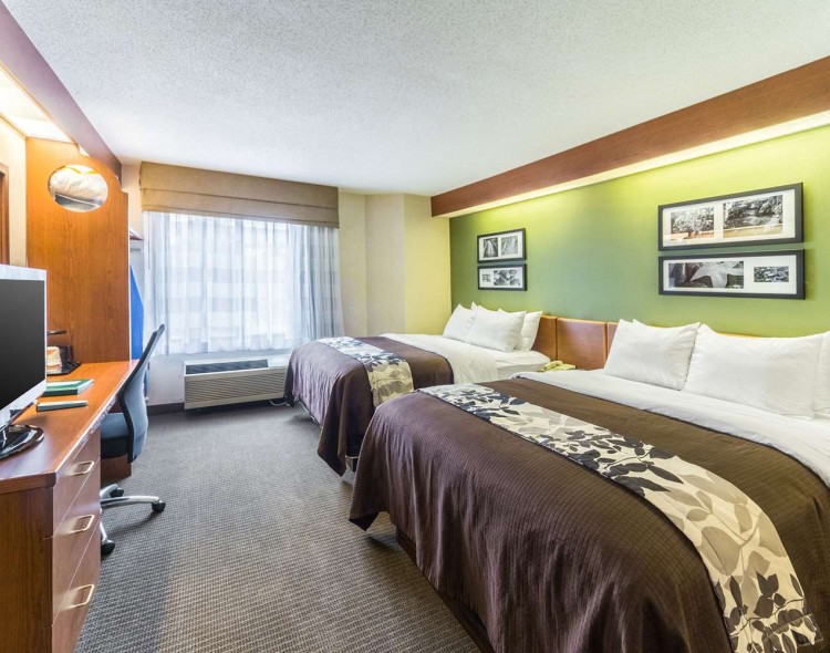 2 beds with green walls, brown comforters, and tv on counter across from bed