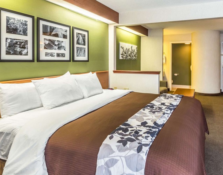 king bed with 3 black and white images above the bed