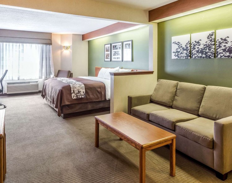 couch with coffee table next to king bed