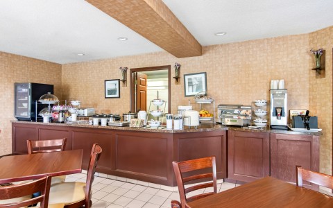 a restaurant with a buffet and a counter