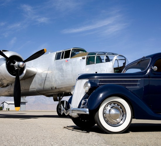 a blue car and an airplane