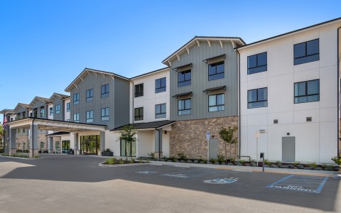a building with a parking lot