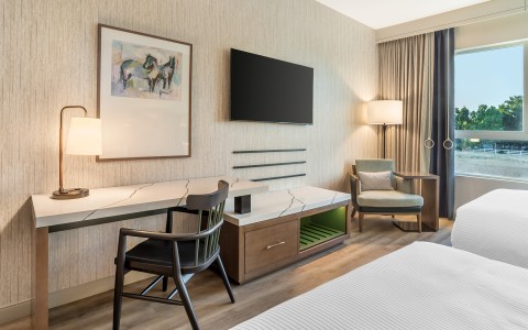 a room with a tv and a table