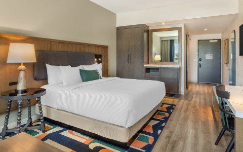 a room with a bed and a mirror