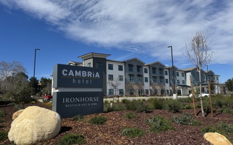 a sign in front of a hotel