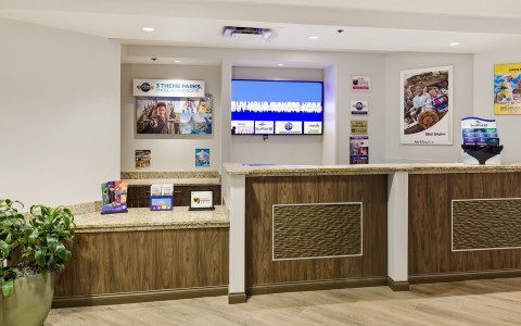 a reception desk in a hotel