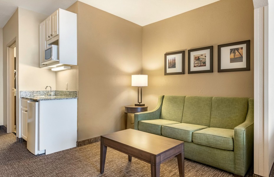 kitchenette and green sofa