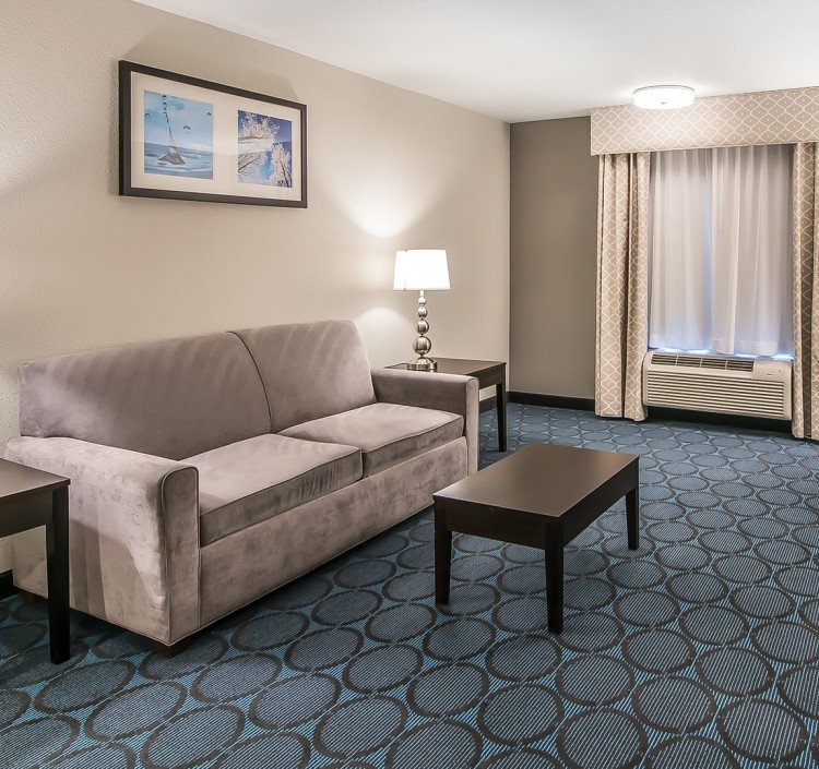a couch and table in a hotel room
