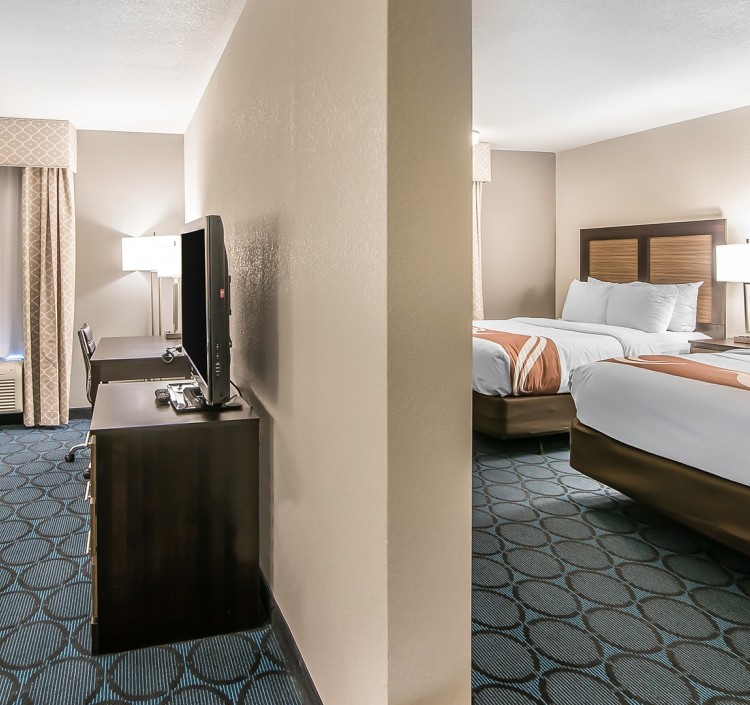 a room with two beds and a tv