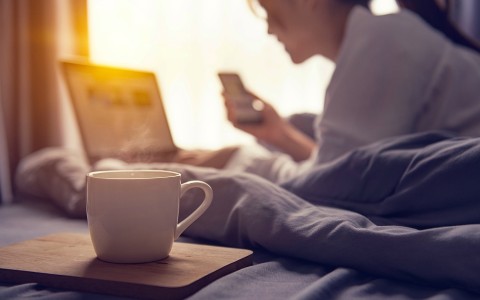 a cup of coffee and a person using a phone
