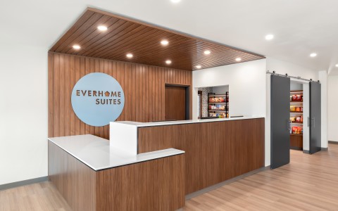 a reception desk in a hotel