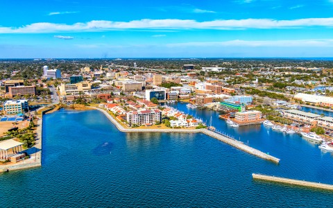 a city next to a body of water