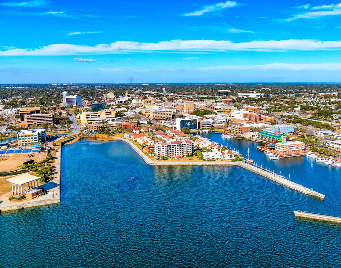 a city next to a body of water